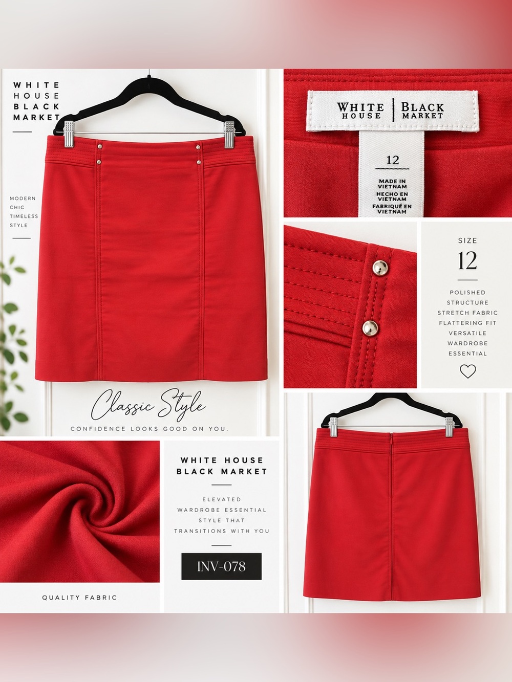 White House Black Market Red Ponte Mini Skirt with Stud Accents